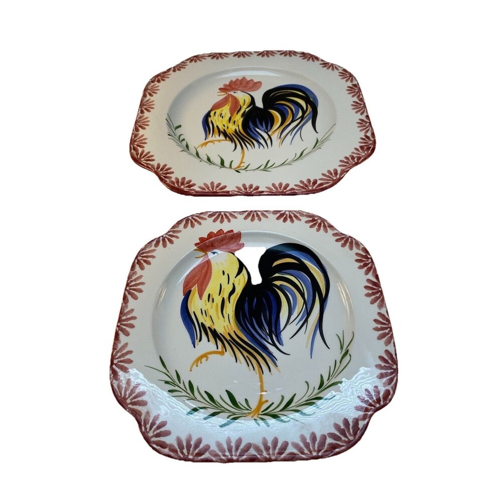 Zanolli Pottery ITALY Set 2 Rooster Hand-painted Dinner Plate & Salad Plate